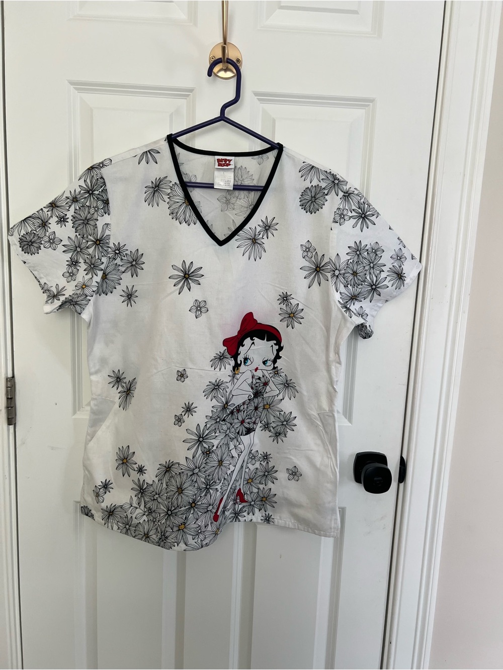 Betty Boop White Tee with Black Floral Print and Red Accents
